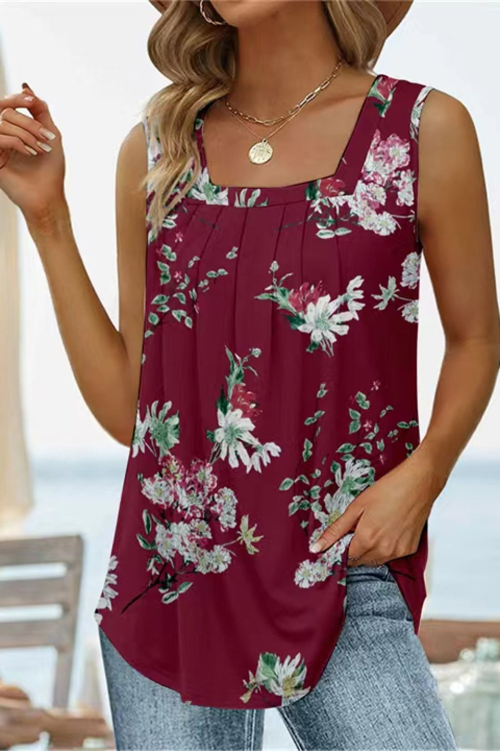 Square Neck Tank Top with Printed Design and Curved Hem Wine