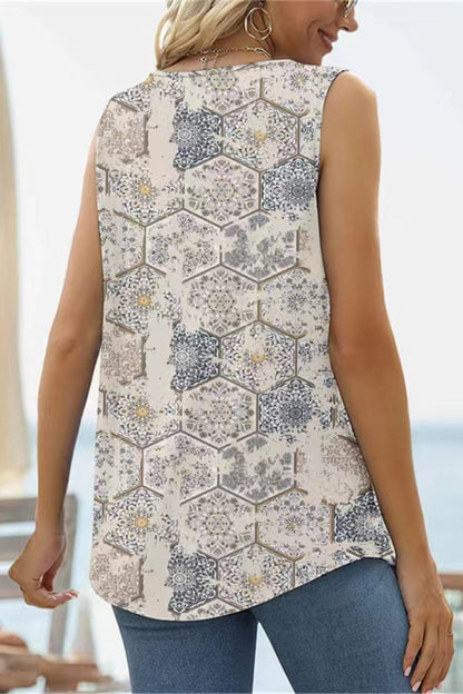 Square Neck Tank Top with Printed Design and Curved Hem