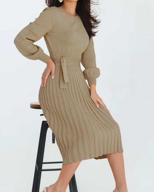 Women's slim pleated mid-length bottoming sweater dress Cracker khaki