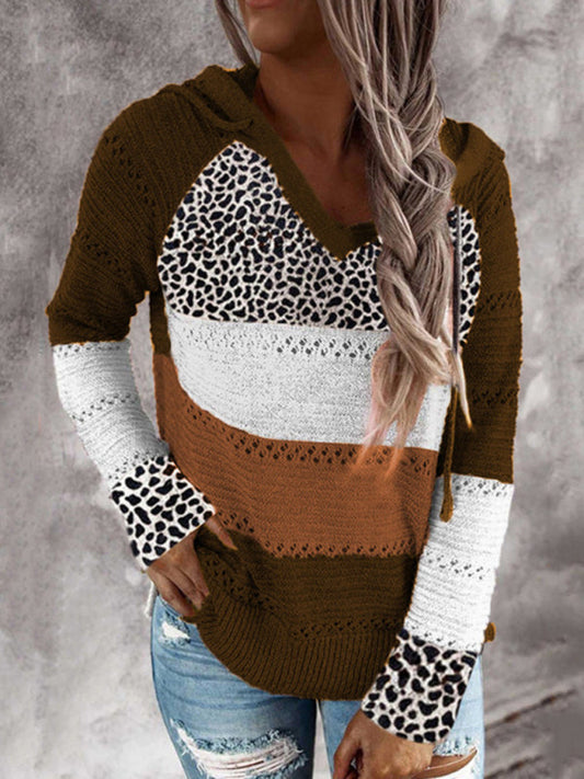 Striped leopard-print paneled hooded sweater Pattern4
