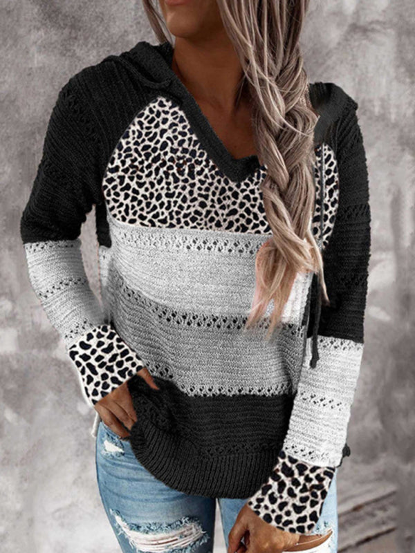 Striped leopard-print paneled hooded sweater Pattern1