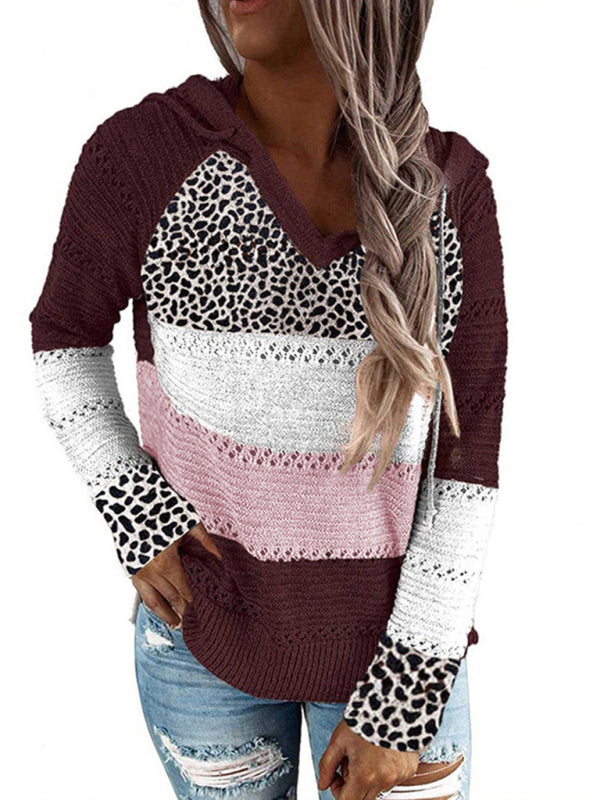 Striped leopard-print paneled hooded sweater Pattern6