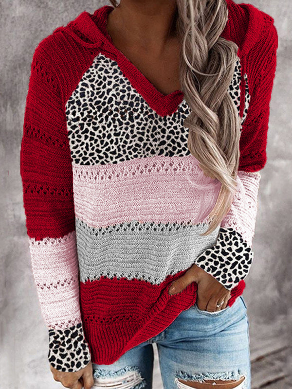 Striped leopard-print paneled hooded sweater Pattern2