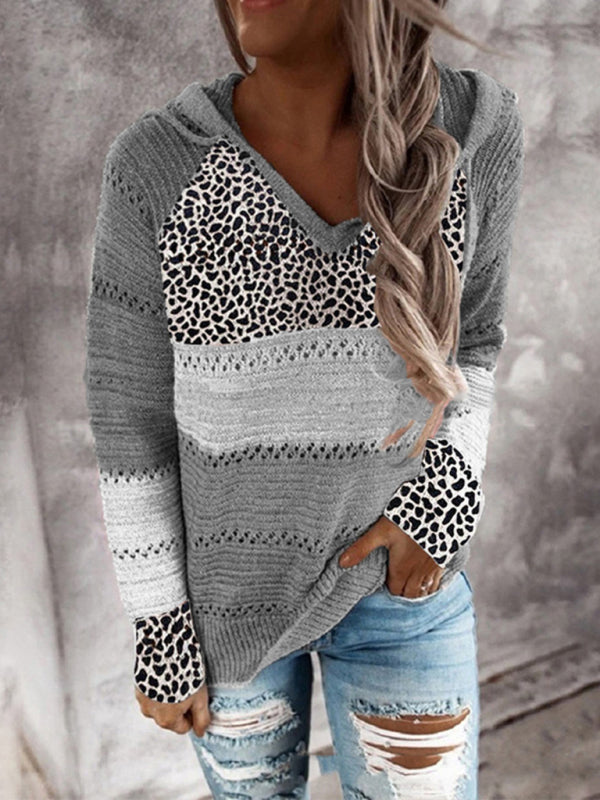 Striped leopard-print paneled hooded sweater Pattern3