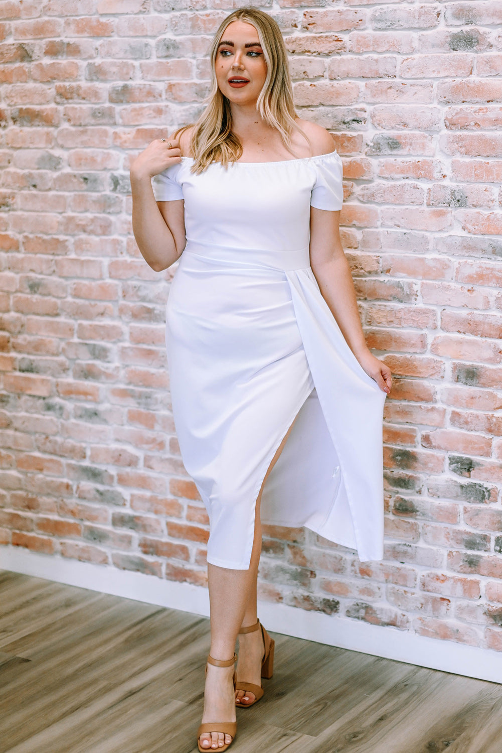 Stunning Off-Shoulder Short Sleeve Split Bodycon Dress White