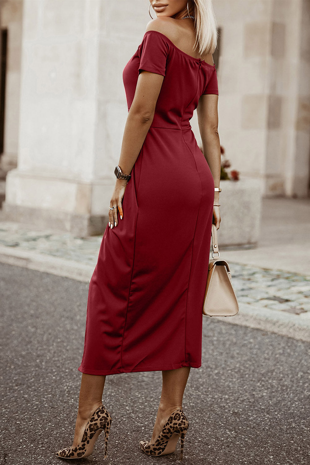 Stunning Off-Shoulder Short Sleeve Split Bodycon Dress