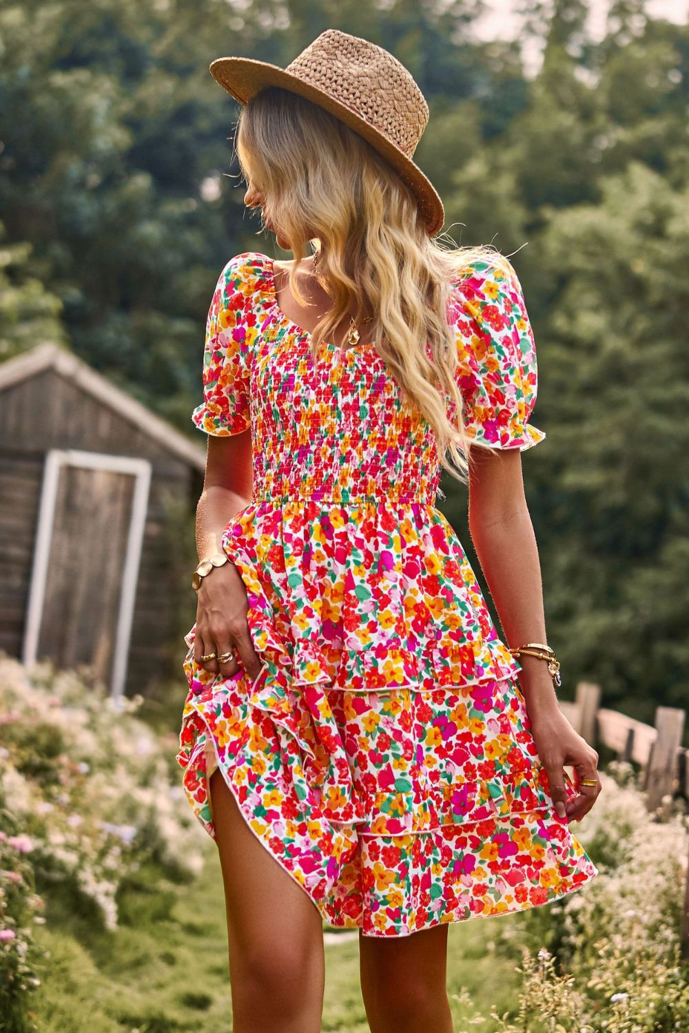 Stunning Smocked Sweetheart Neck Flounce Sleeve Mini Dress Multicolor