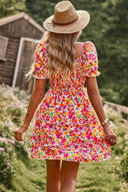 Stunning Smocked Sweetheart Neck Flounce Sleeve Mini Dress