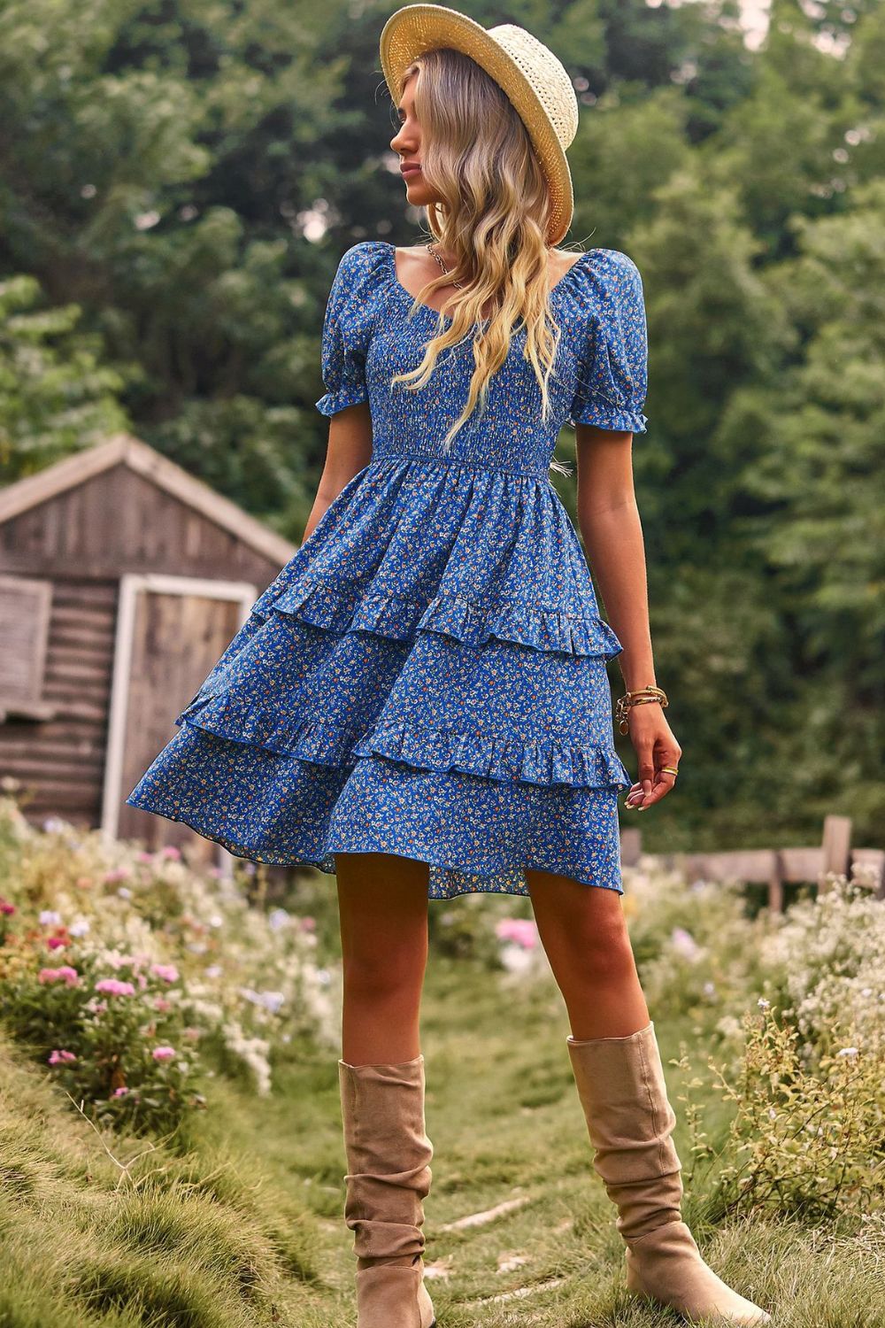 Stunning Smocked Sweetheart Neck Flounce Sleeve Mini Dress