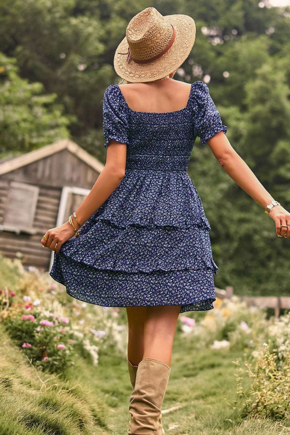 Stunning Smocked Sweetheart Neck Flounce Sleeve Mini Dress