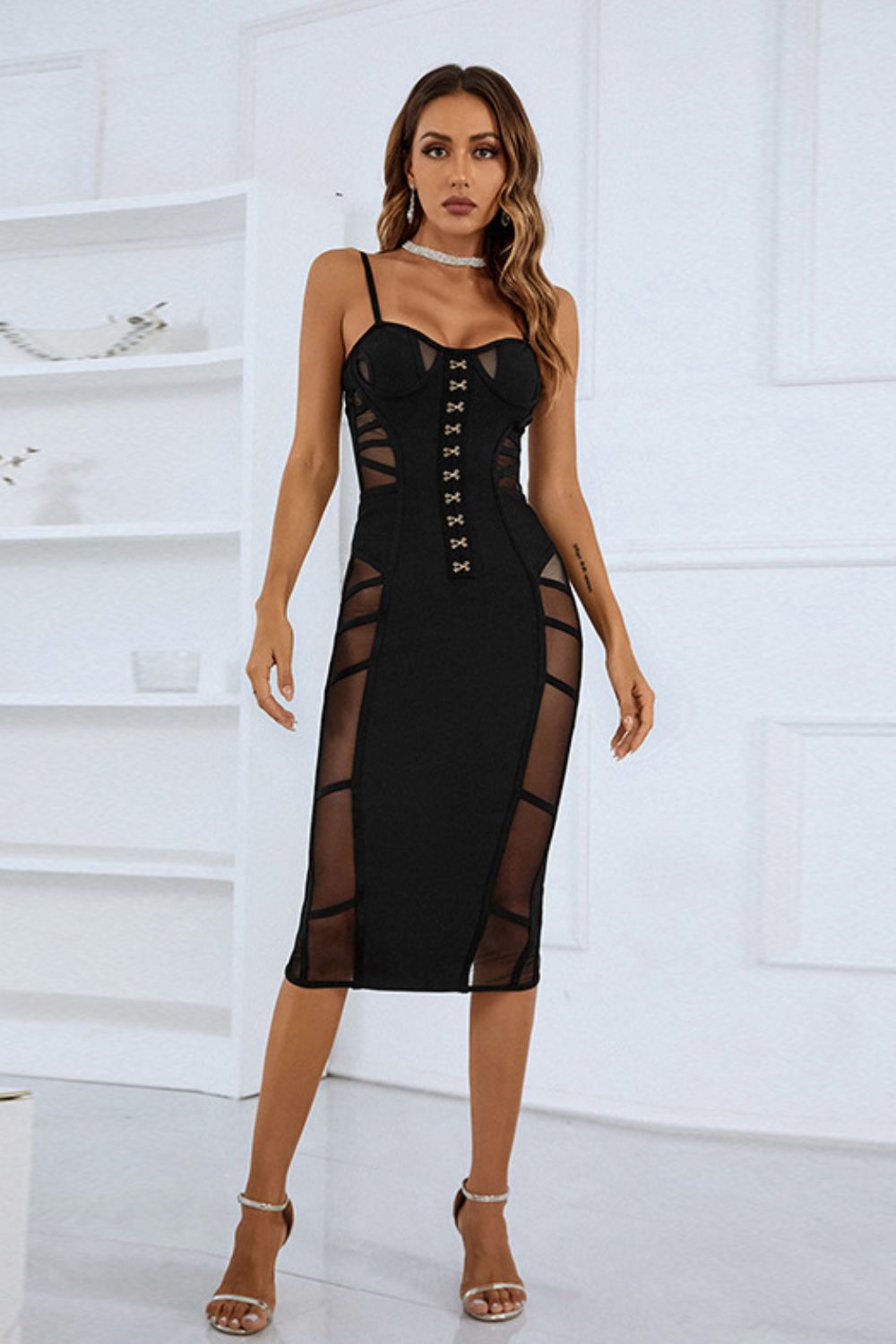 Stunning Spaghetti Strap Spliced Mesh Slit Back Bodycon Dress