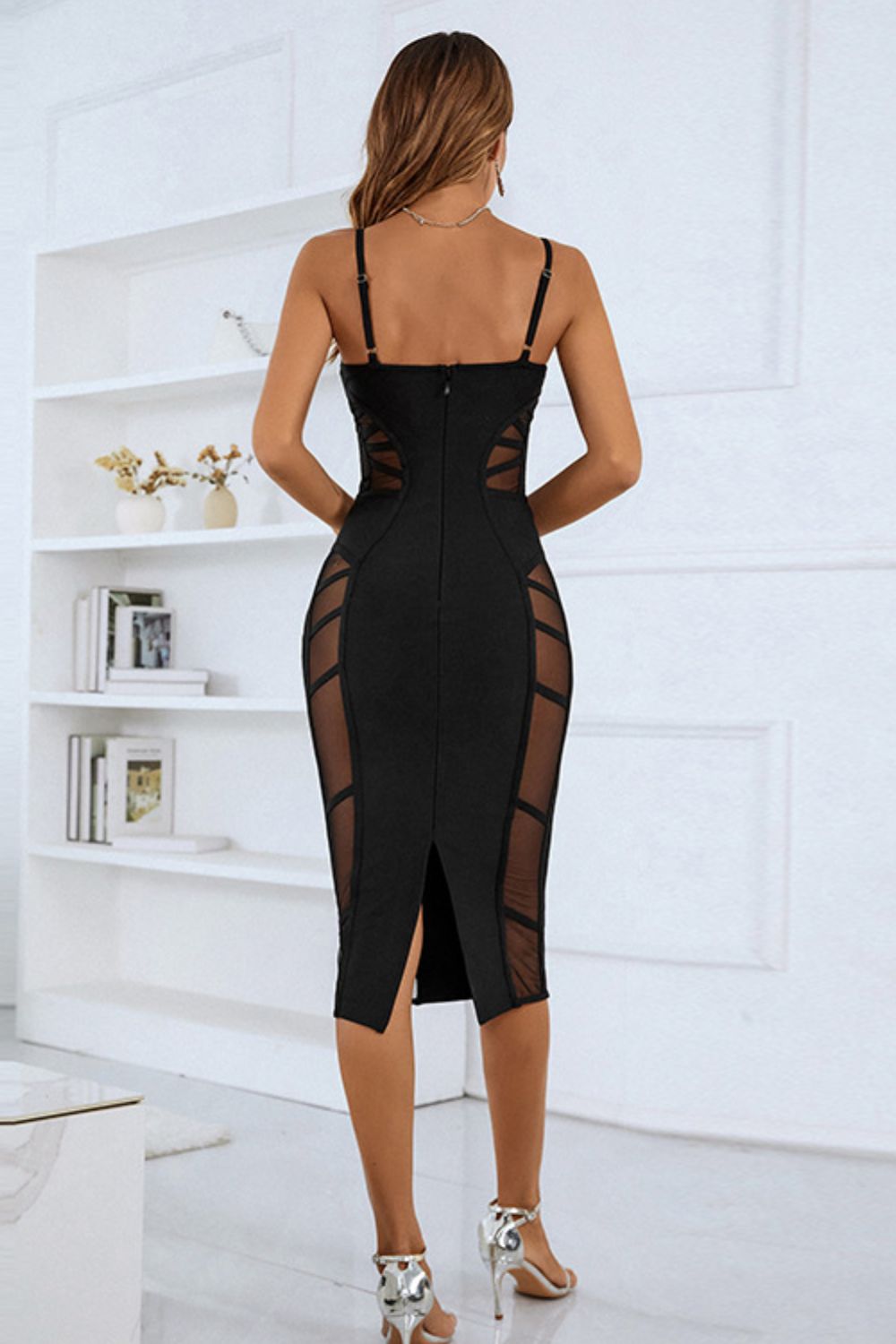 Stunning Spaghetti Strap Spliced Mesh Slit Back Bodycon Dress