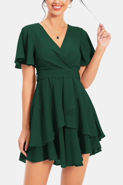 Stunning Surplice Neck Flutter Sleeve Midi Dress Green