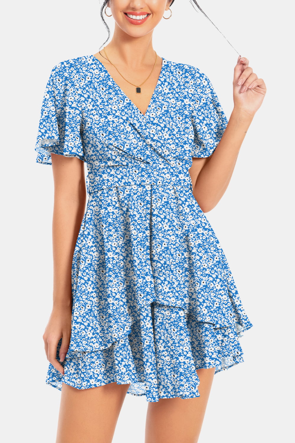 Stunning Surplice Neck Flutter Sleeve Midi Dress Sky Blue