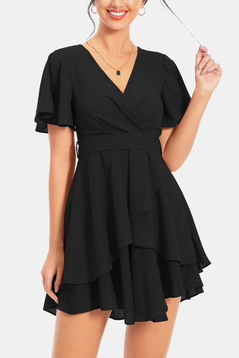 Stunning Surplice Neck Flutter Sleeve Midi Dress Black