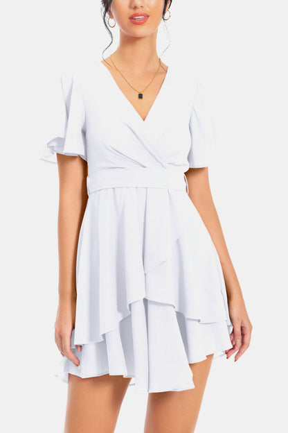 Stunning Surplice Neck Flutter Sleeve Midi Dress White