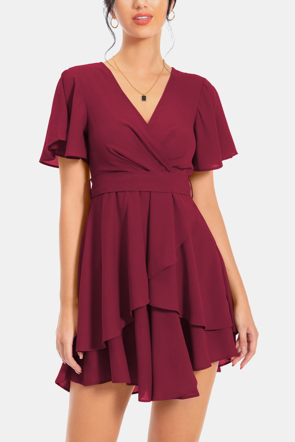 Stunning Surplice Neck Flutter Sleeve Midi Dress Wine