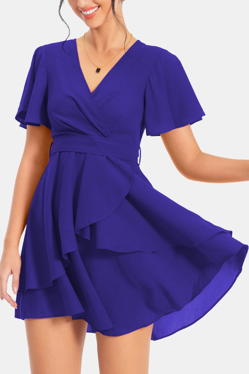 Stunning Surplice Neck Flutter Sleeve Midi Dress Royal Blue