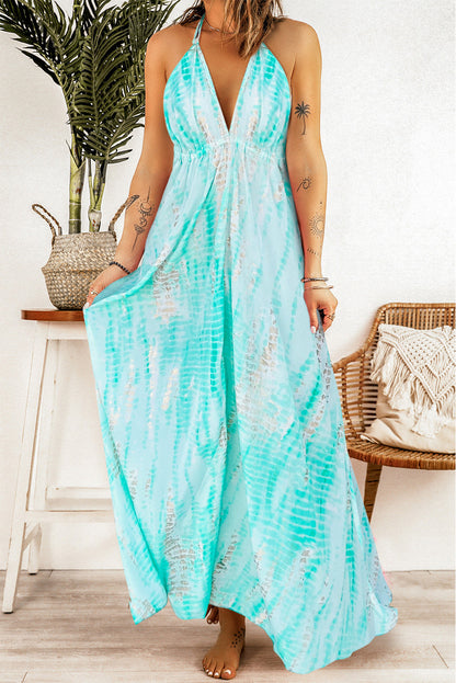 Stunning Tie-Dye Halter Neck Maxi Dress Aqua