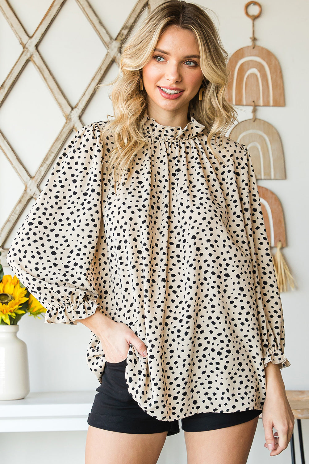 Stylish Animal Print Top with Ruffled Collar and Flouncy Sleeves Khaki