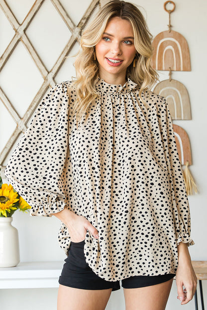 Stylish Animal Print Top with Ruffled Collar and Flouncy Sleeves Khaki