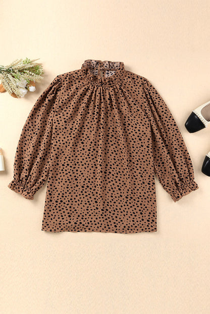 Stylish Animal Print Top with Ruffled Collar and Flouncy Sleeves Brown