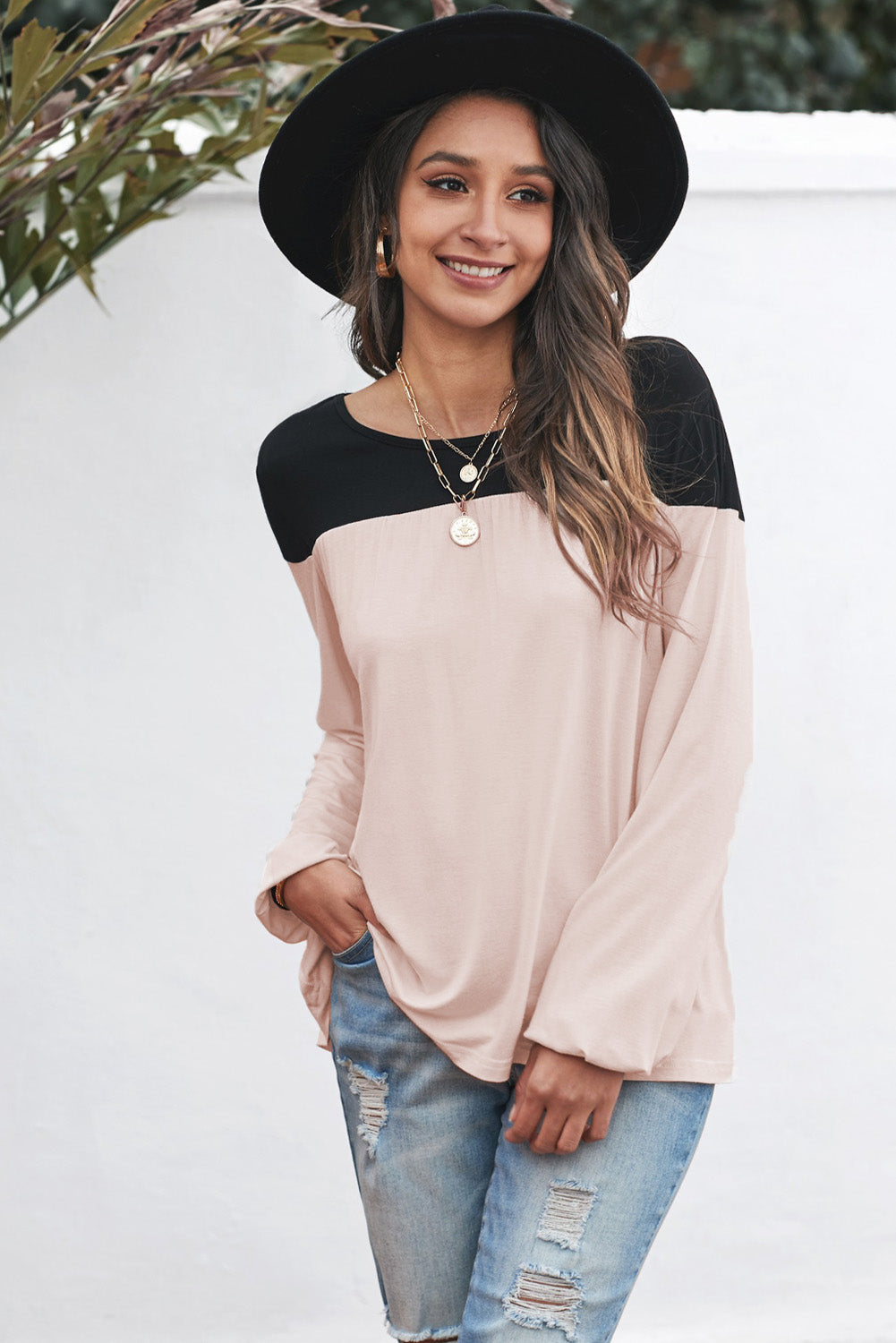 Stylish Contrast Balloon Sleeve Blouse for Women