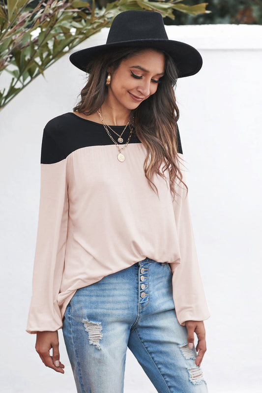 Stylish Contrast Balloon Sleeve Blouse for Women Apricot