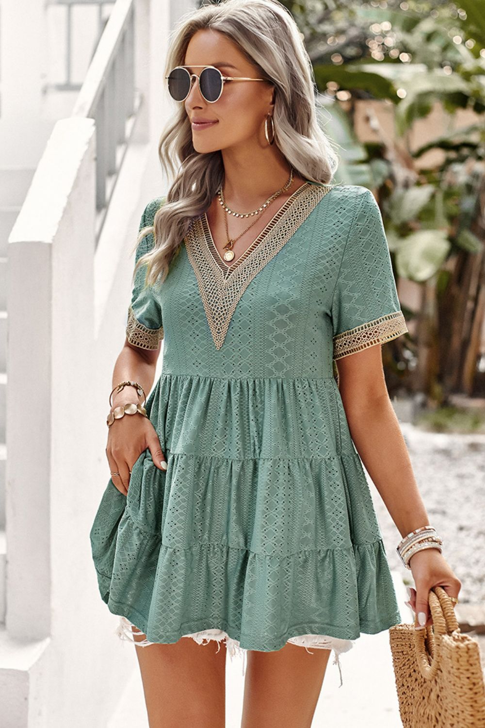 Stylish Contrast Short Sleeve Tiered Blouse for Women Sage