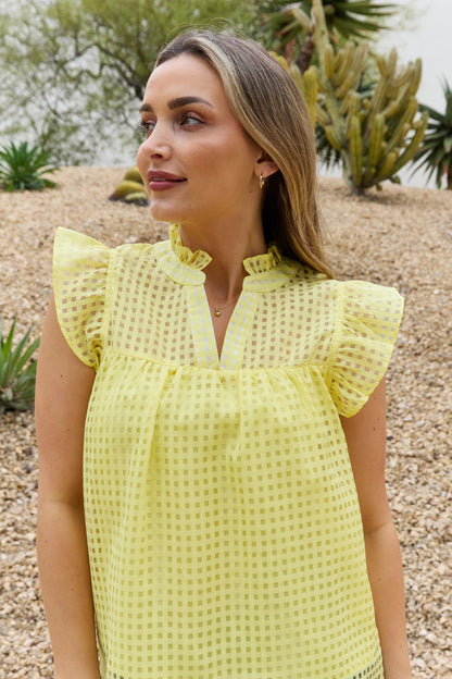 Stylish Grid Patterned Ruffle Sleeve Blouse