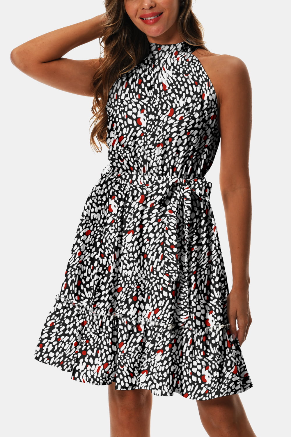 Stylish Printed Tie Waist Frill Trim Midi Dress