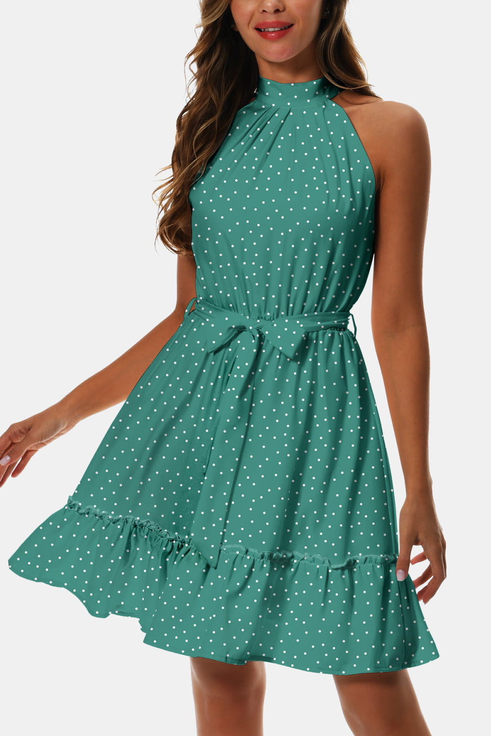 Stylish Printed Tie Waist Frill Trim Midi Dress Teal