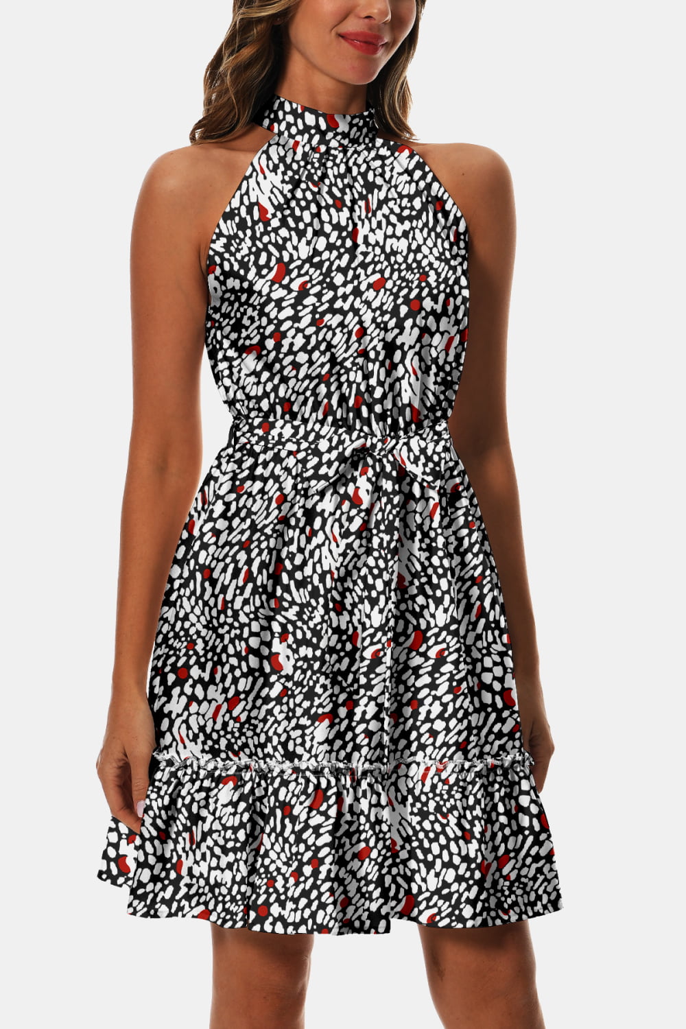 Stylish Printed Tie Waist Frill Trim Midi Dress