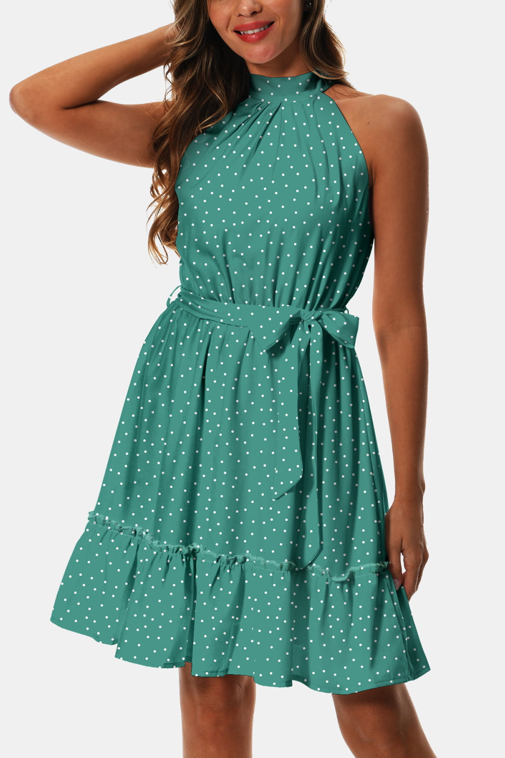 Stylish Printed Tie Waist Frill Trim Midi Dress