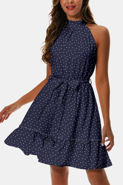 Stylish Printed Tie Waist Frill Trim Midi Dress Dark Navy