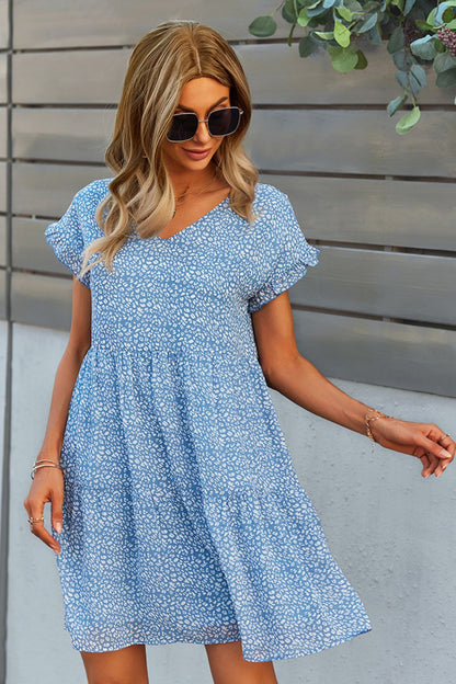 Stylish Printed V-Neck Short Sleeve Tiered Midi Dress