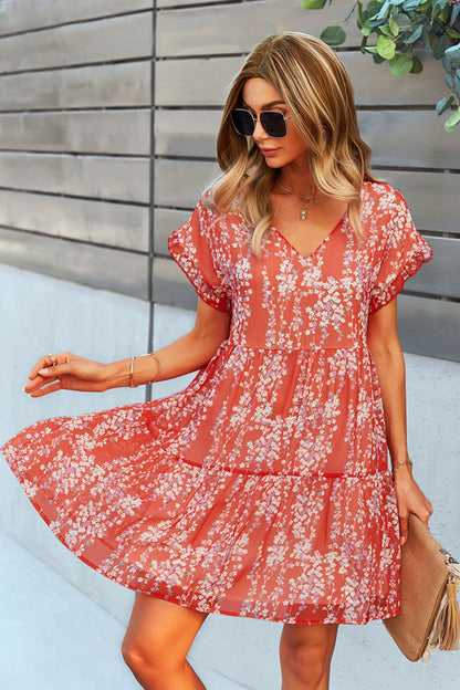 Stylish Printed V-Neck Short Sleeve Tiered Midi Dress