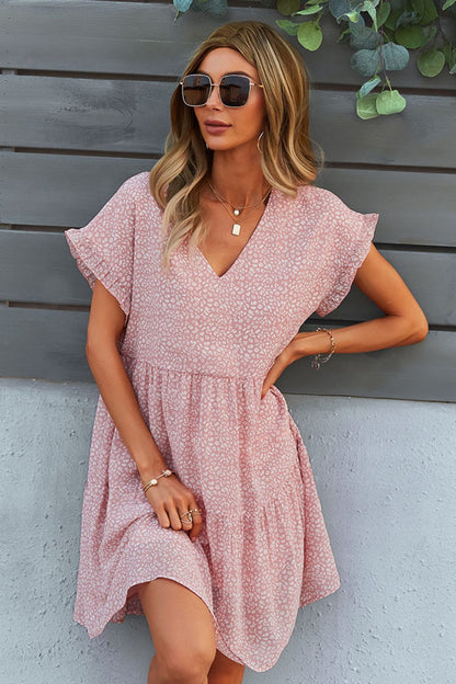 Stylish Printed V-Neck Short Sleeve Tiered Midi Dress