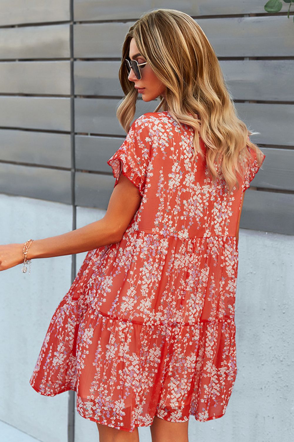 Stylish Printed V-Neck Short Sleeve Tiered Midi Dress