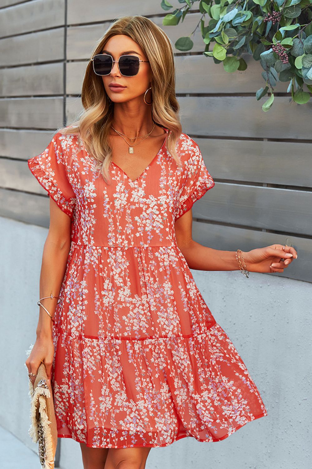 Stylish Printed V-Neck Short Sleeve Tiered Midi Dress Red Orange