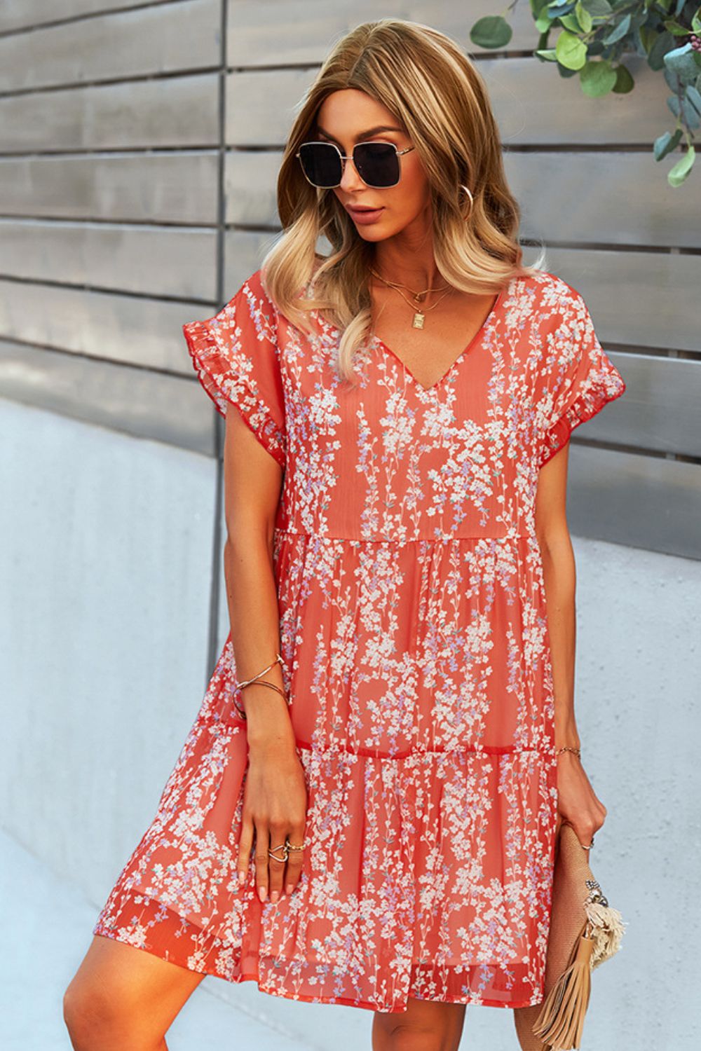 Stylish Printed V-Neck Short Sleeve Tiered Midi Dress