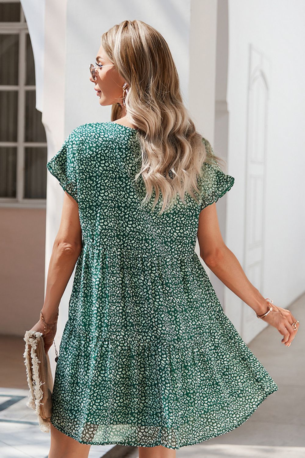 Stylish Printed V-Neck Short Sleeve Tiered Midi Dress