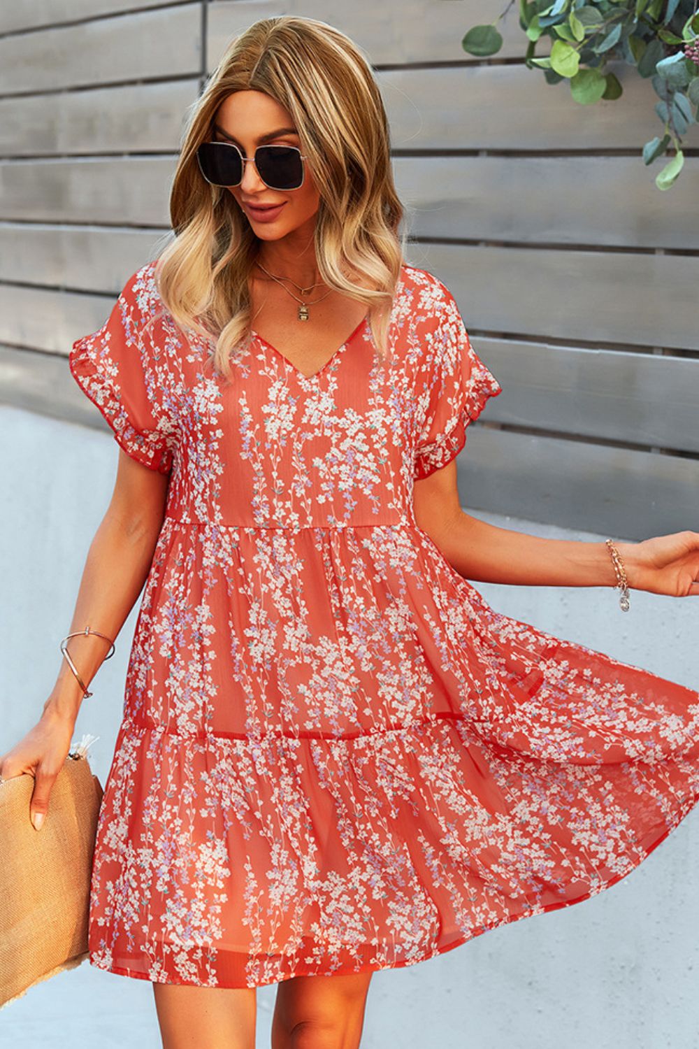 Stylish Printed V-Neck Short Sleeve Tiered Midi Dress