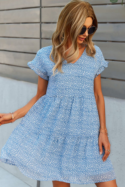 Stylish Printed V-Neck Short Sleeve Tiered Midi Dress