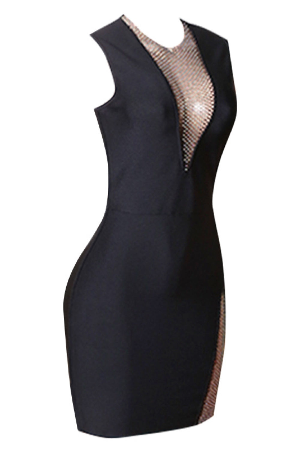 Stylish Rhinestone Detail Spliced Mesh Sleeveless Bodycon Dress