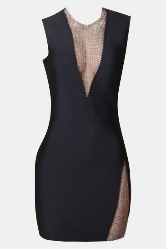 Stylish Rhinestone Detail Spliced Mesh Sleeveless Bodycon Dress Black