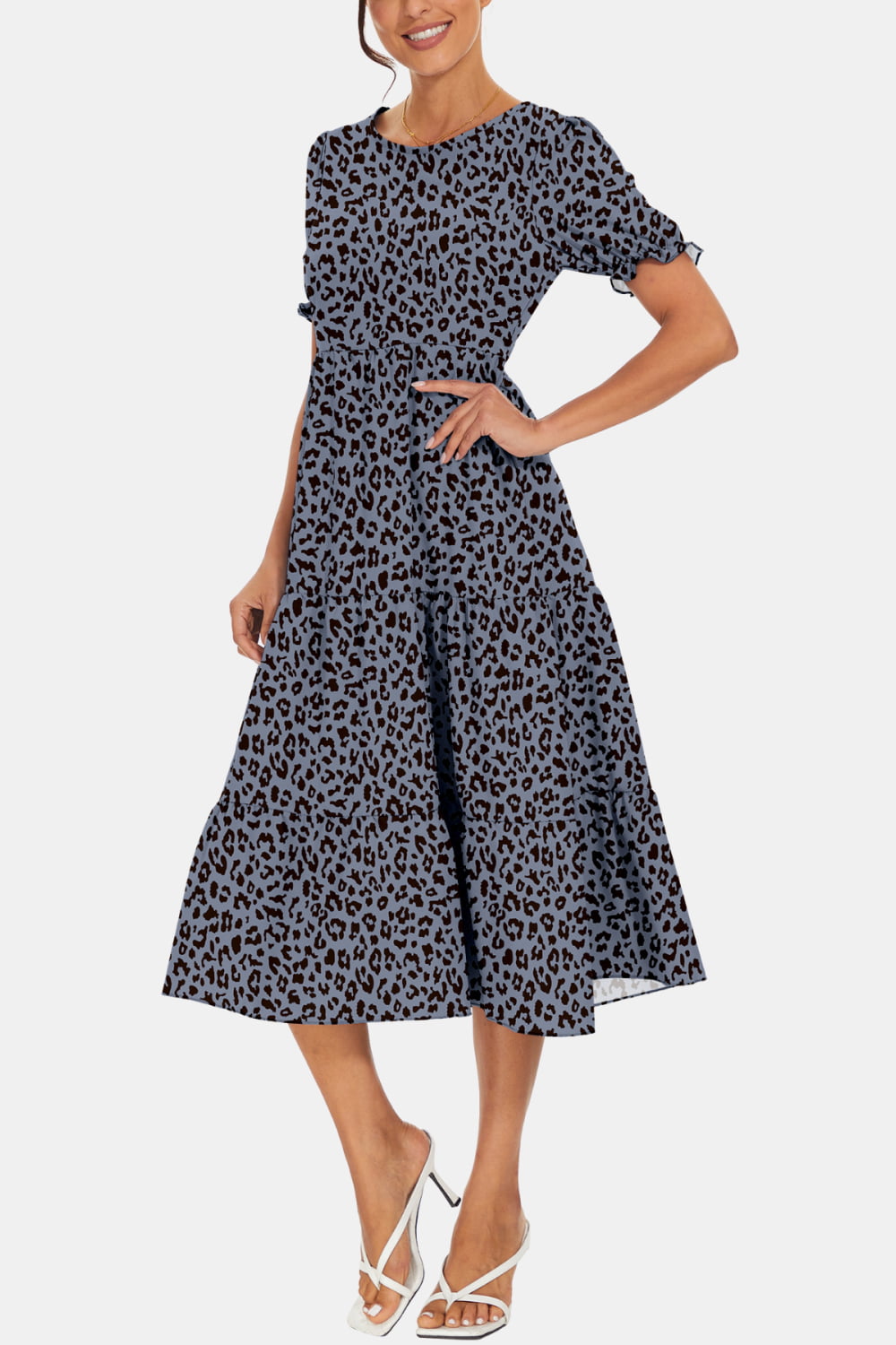 Stylish Round Neck Flounce Sleeve Midi Dress Cloudy Blue