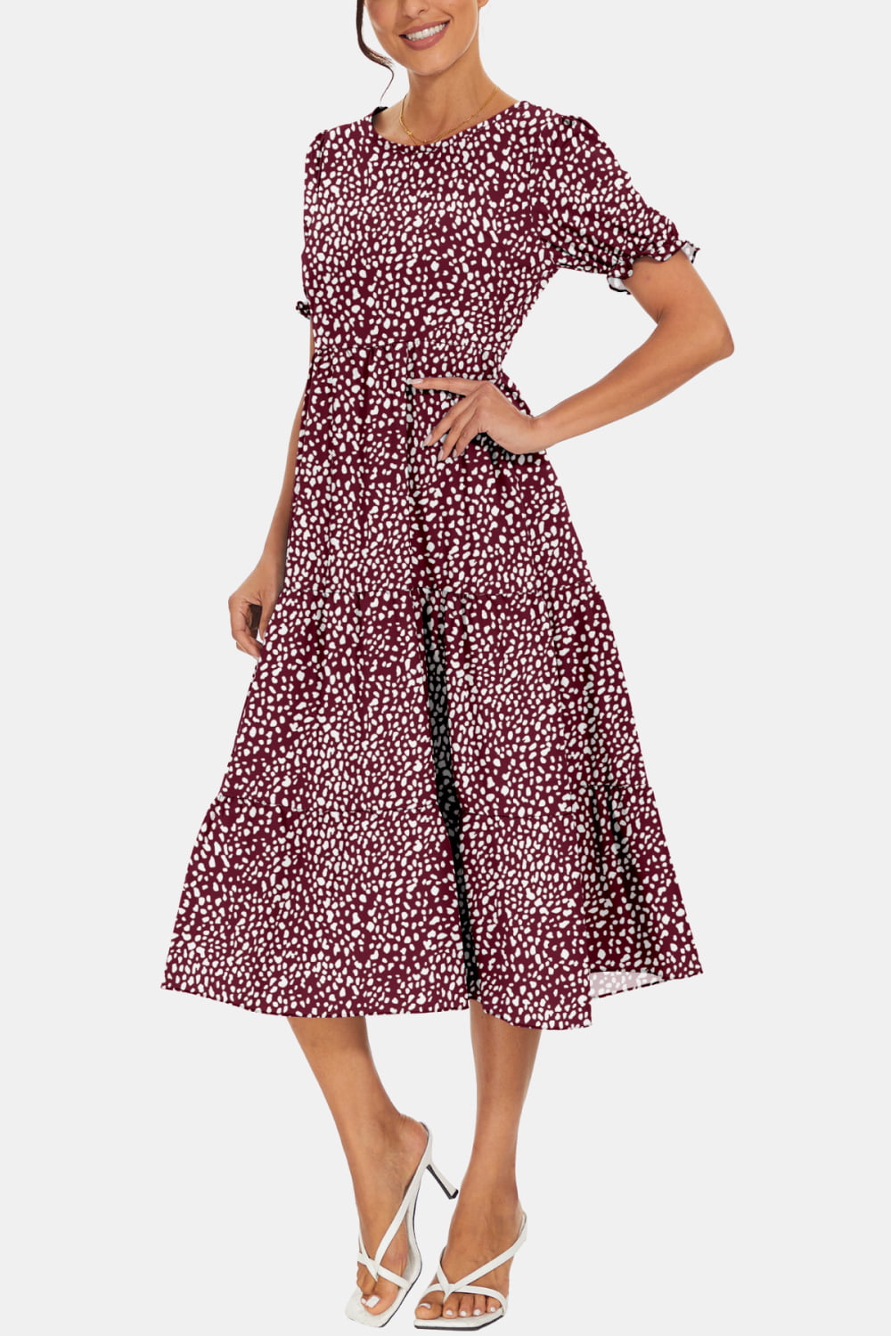 Stylish Round Neck Flounce Sleeve Midi Dress Wine