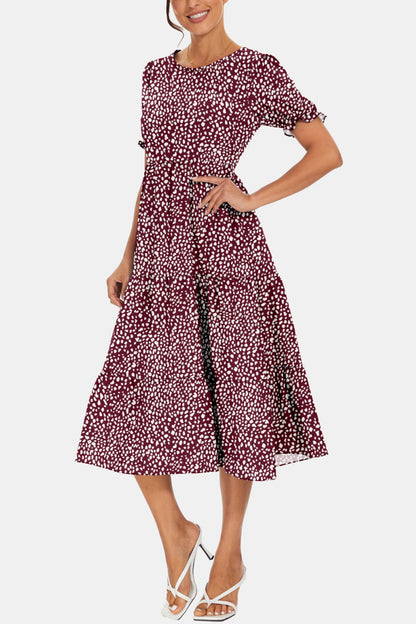 Stylish Round Neck Flounce Sleeve Midi Dress Wine