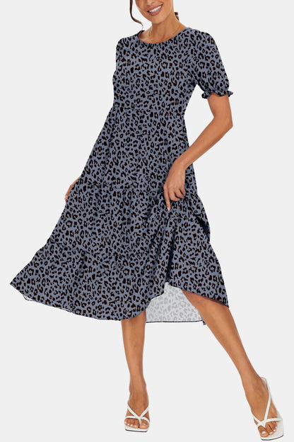 Stylish Round Neck Flounce Sleeve Midi Dress